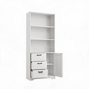 6 tier Bookshelf with Door and 3 Drawers, 71" Tall Bookcase with 3 tier Open Shelves