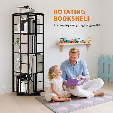Space-Saving 4-Tier Rotating Bookshelf - 54" Tall Industrial Metal Frame Corner Bookcase