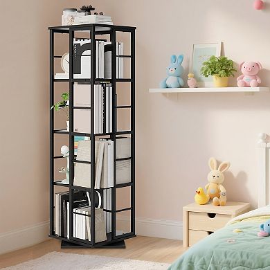 Space-Saving 4-Tier Rotating Bookshelf - 54" Tall Industrial Metal Frame Corner Bookcase