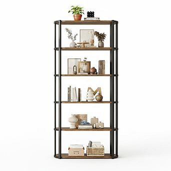 71" Industrial Wooden Bookshelf, Freestanding 6 tier Wood Bookshelf with Sturdy Metal Frame