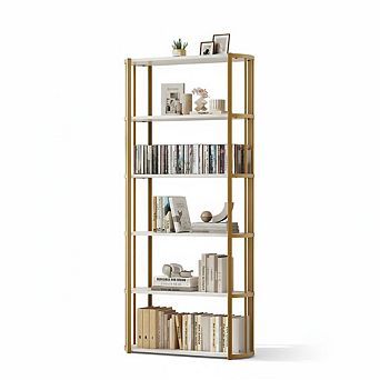 71" Industrial Wooden Bookshelf, Freestanding 6 tier Wood Bookshelf with Sturdy Metal Frame