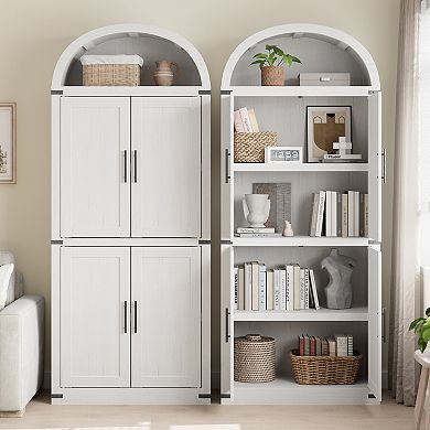 71.6" Arched Display Cabinet,5-Tier Arched Bookcase with Door,Tall Standing Bookshelf Kitchen Pantry