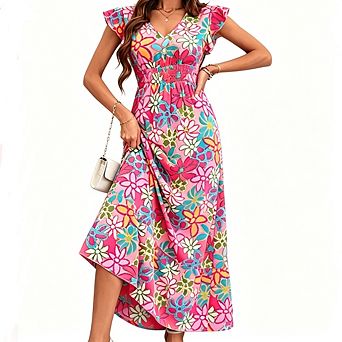 Women's Floral Print Maxi Dress V-Neck Ruffle Sleeve Smocked Waist Flowy Long Dress