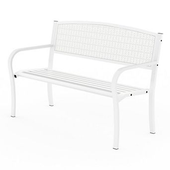 Weather-resistant metal outdoor garden bench - 50-inch steel, featuring a decorative curved backrest