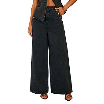 Women's High Waist Wide Leg Jeans, Button Detail Palazzo Denim Pants,Loose Fit Trousers with Pockets