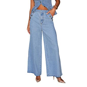 Women's High Waist Wide Leg Jeans, Button Detail Palazzo Denim Pants,Loose Fit Trousers with Pockets