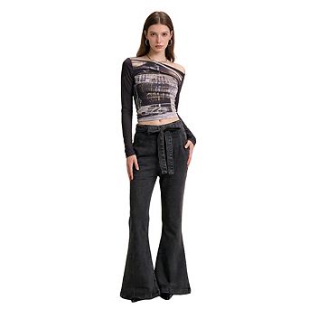 Women's High Waist Jeans. Stretchy Bootcut Denim Pants with Bow Belt. Retro Wide Leg Trousers