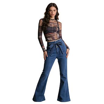Women's High Waist Jeans. Stretchy Bootcut Denim Pants with Bow Belt. Retro Wide Leg Trousers