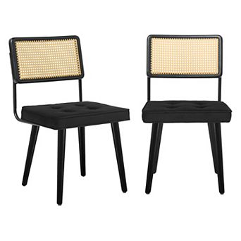 Rattan Dining Chairs Set of 2-Linen Upholstered Kitchen Chairs with Woven Cane Back & Wooden Legs