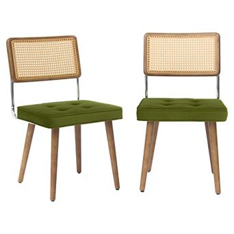 Rattan Dining Chairs Set of 2-Linen Upholstered Kitchen Chairs with Woven Cane Back & Wooden Legs