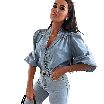 Women's V-Neck Puff Sleeve Denim Shirt, Vintage Washed Button Down Blouse for Spring Fall