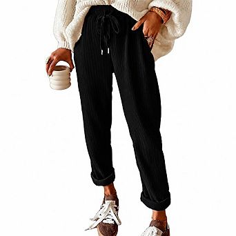 Women Corduroy Pants Casual Drawstring Elastic High Waist Straight Leg Loose Trousers with Pockets