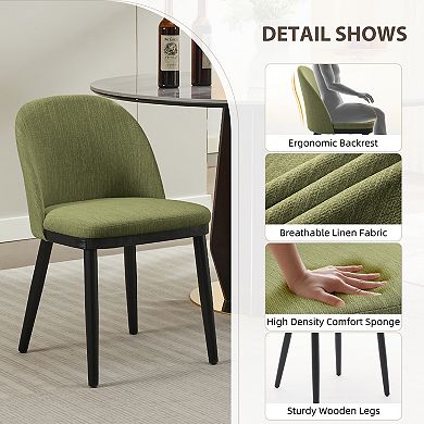 Modern Upholstered Dining Chairs Set of 2 Linen Fabric, Curved Backrest, Thick Cushioned Seat