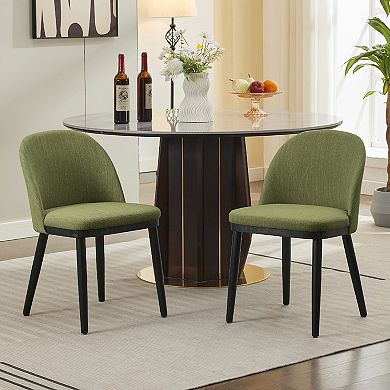 Modern Upholstered Dining Chairs Set of 2 Linen Fabric, Curved Backrest, Thick Cushioned Seat