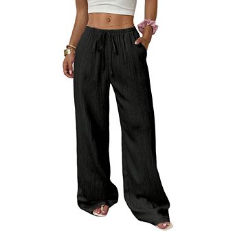 Women's Elastic Waist Drawstring Wide Leg Pants, Textured Casual Straight Leg Trousers for Summer