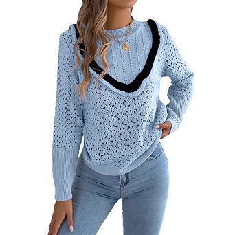 Women's Color Block V-Neck Hollow Out Knit Sweater, Vintage Crew Neck Loose Long Sleeve Pullover