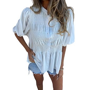 Women's Stand Collar Smocked Puff Sleeve Blouse, Button Down Peplum Shirt for Casual Work