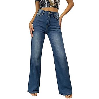 Women's High Waist Wide Leg Jeans, Vintage Washed Straight Leg Pants, Casual Loose Fit Trousers
