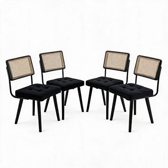 Natural Rattan Dining Chairs Set of 4/6, Modern Kitchen Chairs with Mesh Back & Wood Leg Base