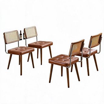 Natural Rattan Dining Chairs Set of 4/6, Modern Kitchen Chairs with Mesh Back & Wood Leg Base