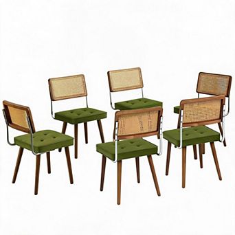 Natural Rattan Dining Chairs Set of 4/6, Modern Kitchen Chairs with Mesh Back & Wood Leg Base
