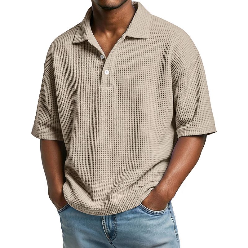 Men's Waffle Knit Polo Shirt Relaxed Fit Short Sleeve Collared Top