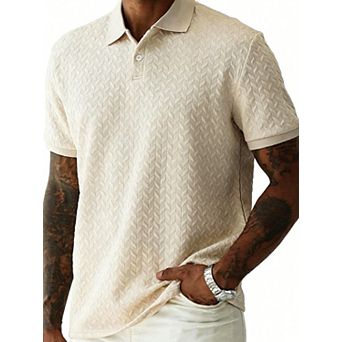 Men's Geometric Jacquard Polo Shirt Short Sleeve Textured Knit Top
