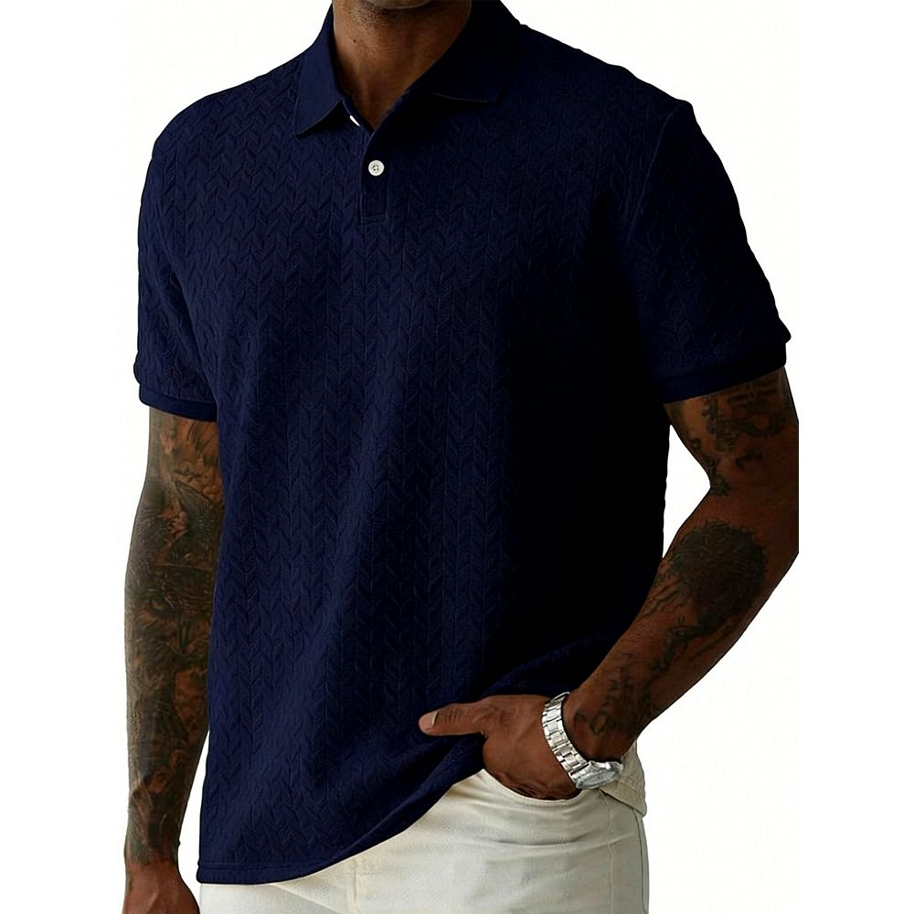 Men's Geometric Jacquard Polo Shirt Short Sleeve Textured Knit Top