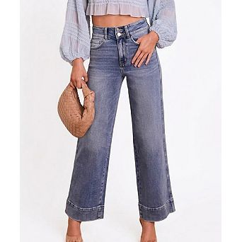 Women's High-Waisted Straight-Leg Jeans Double-Button Denim Long Pants