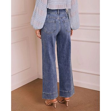 Women's High-Waisted Straight-Leg Jeans Double-Button Denim Long Pants