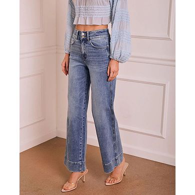 Women's High-Waisted Straight-Leg Jeans Double-Button Denim Long Pants