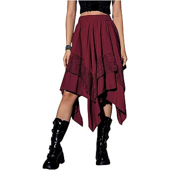 Women's Gothic Lace Trim Asymmetrical Punk Flowy Midi Skirt for Casual Party