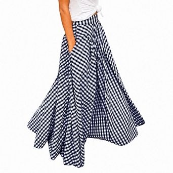 Women's Plaid High-Waisted A-Line Flowy Maxi Skirt with Pockets