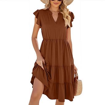 Womens Summer Ruffle Sleeve V Neck Midi Dresses Casual Flowy Tiered Boho Beach Vacation Outfits