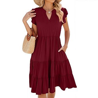 Womens Summer Ruffle Sleeve V Neck Midi Dresses Casual Flowy Tiered Boho Beach Vacation Outfits