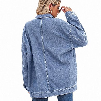 Womens Denim Jacket Casual Long Sleeve Drop Shoulder Button Front Jean Coat With Pockets