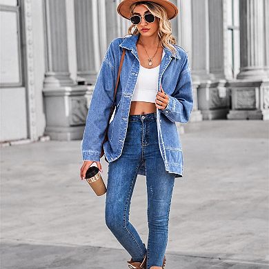 Womens Denim Jacket Casual Long Sleeve Drop Shoulder Button Front Jean Coat With Pockets