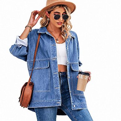 Womens Denim Jacket Casual Long Sleeve Drop Shoulder Button Front Jean Coat With Pockets