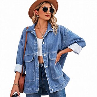 Womens Denim Jacket Casual Long Sleeve Drop Shoulder Button Front Jean Coat With Pockets