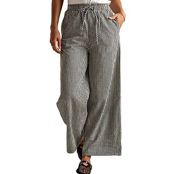 Women's Elastic Waist Gingham Drawstring Wide Leg Pants Loose Vintage Check Straight Leg Trousers