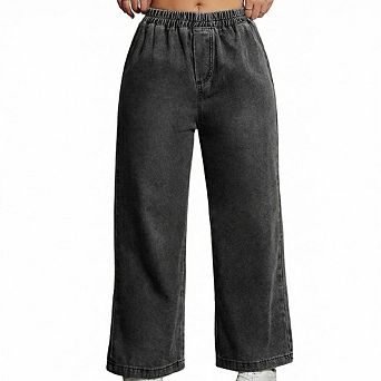 Women's Elastic Waist Wide Leg Jeans Vintage Washed Loose Fit Casual Straight Leg Denim Pants