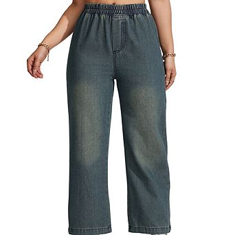 Women's Elastic Waist Wide Leg Jeans Vintage Washed Loose Fit Casual Straight Leg Denim Pants