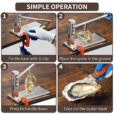 Stainless steel oyster shucker, with 5-position height adjustment