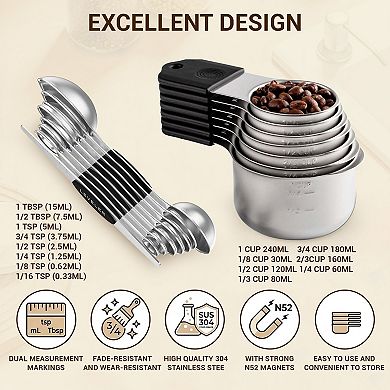 Magnetic Measuring Cup and Spoon Set - 16-piece set, made from 304 stainless steel