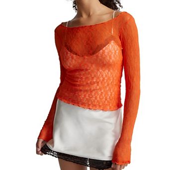 Women Lace Short Sleeve See Through Mesh Crop Top Floral Slim Fit Layering Blouse