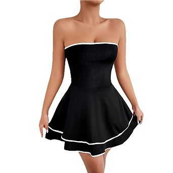 Women's Strapless Fit-and- Mini Dress Contrast Trim Tiered Hem Tube Dress