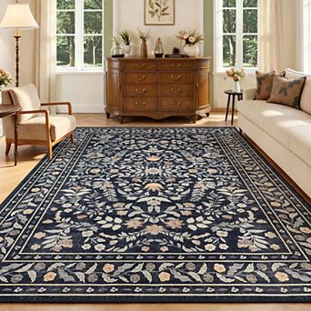 Area Rug for Living Room, Washable Floral Low Pile Rug, Soft Non Slip Carpet for Living Room