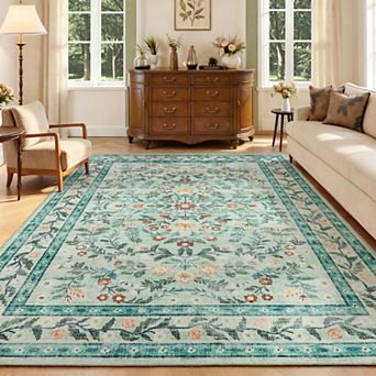 Area Rug for Living Room, Washable Floral Low Pile Rug, Soft Non Slip Carpet for Living Room