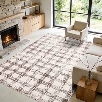 Checkered Area Rug, Washable Modern Geometric Rug, Non Slip Low Pile Soft Carpet for Bedroom