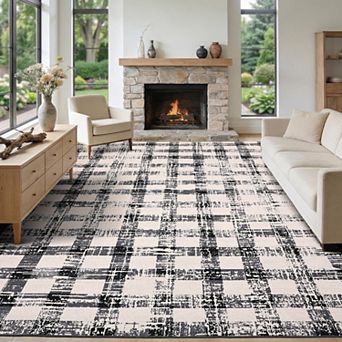Checkered Area Rug, Washable Modern Geometric Rug, Non Slip Low Pile Soft Carpet for Bedroom